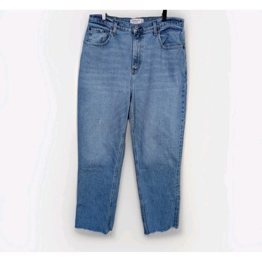 Abercrombie & Fitch Curve Love 90s Straight Jeans 32/14S High Rise Raw Hem Blue